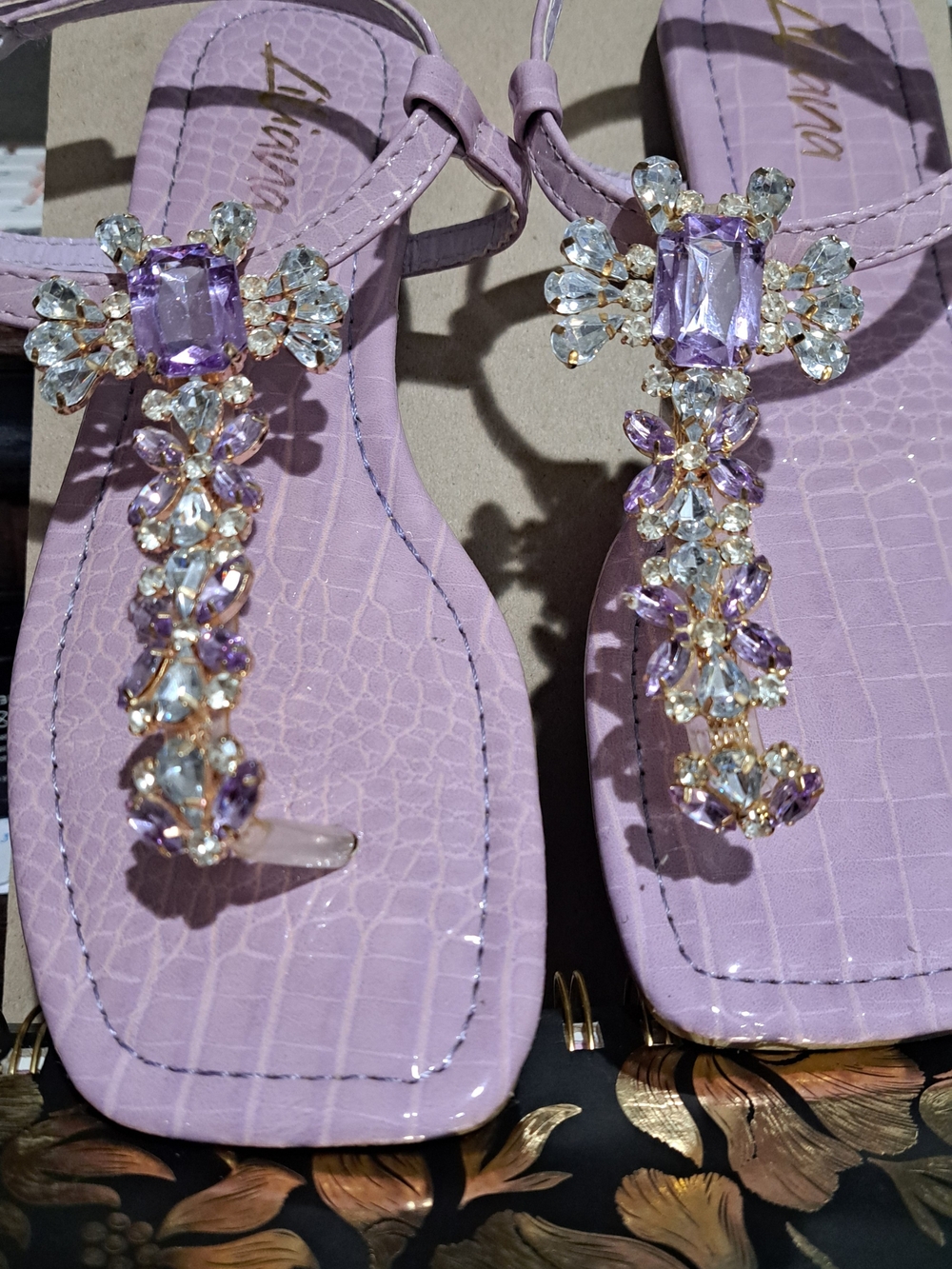 Miss Lola Lavender Jeweled T-Strap Sandals